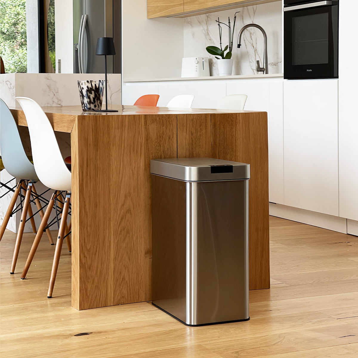 Poubelle de cuisine automatique design 50L PARKSIDE en acier INOX avec cerclage