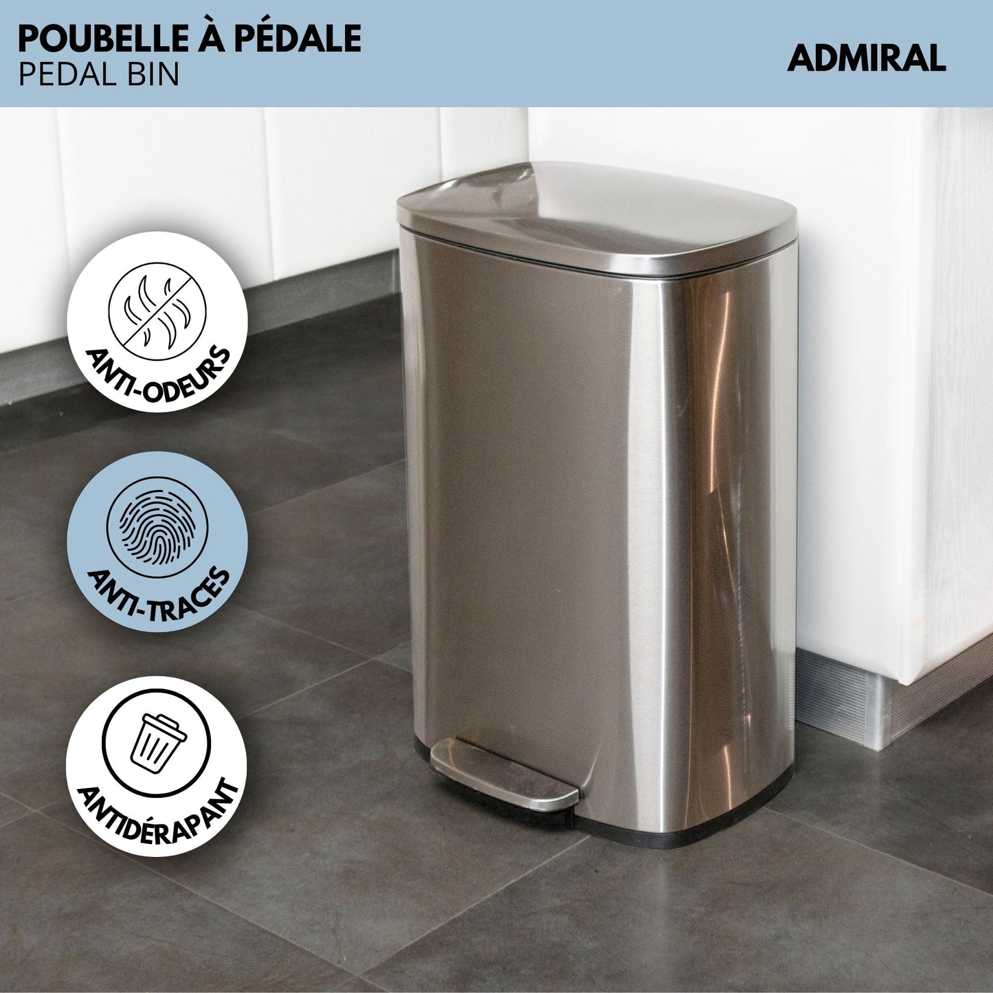Poubelle de cuisine à pédale 50L Design ADMIRAL en acier Inox brossé avec seau et fermeture douce