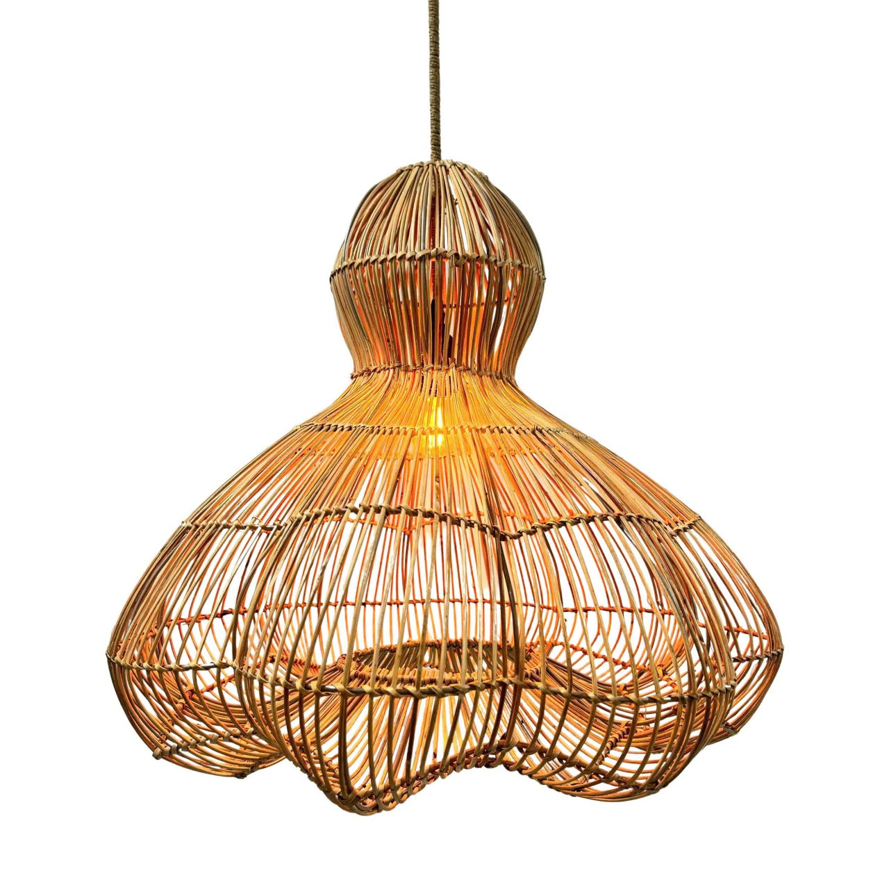 Suspension solaire RONDA SOLAR en rotin naturel avec câble hybride secteur et solaire 5m de longueur