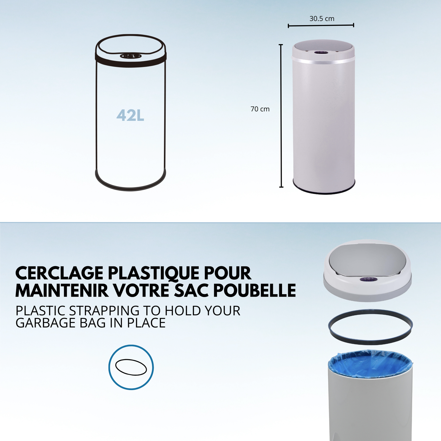 Poubelle de cuisine automatique 42L SOHO Blanc brillant en acier INOX avec cerclage