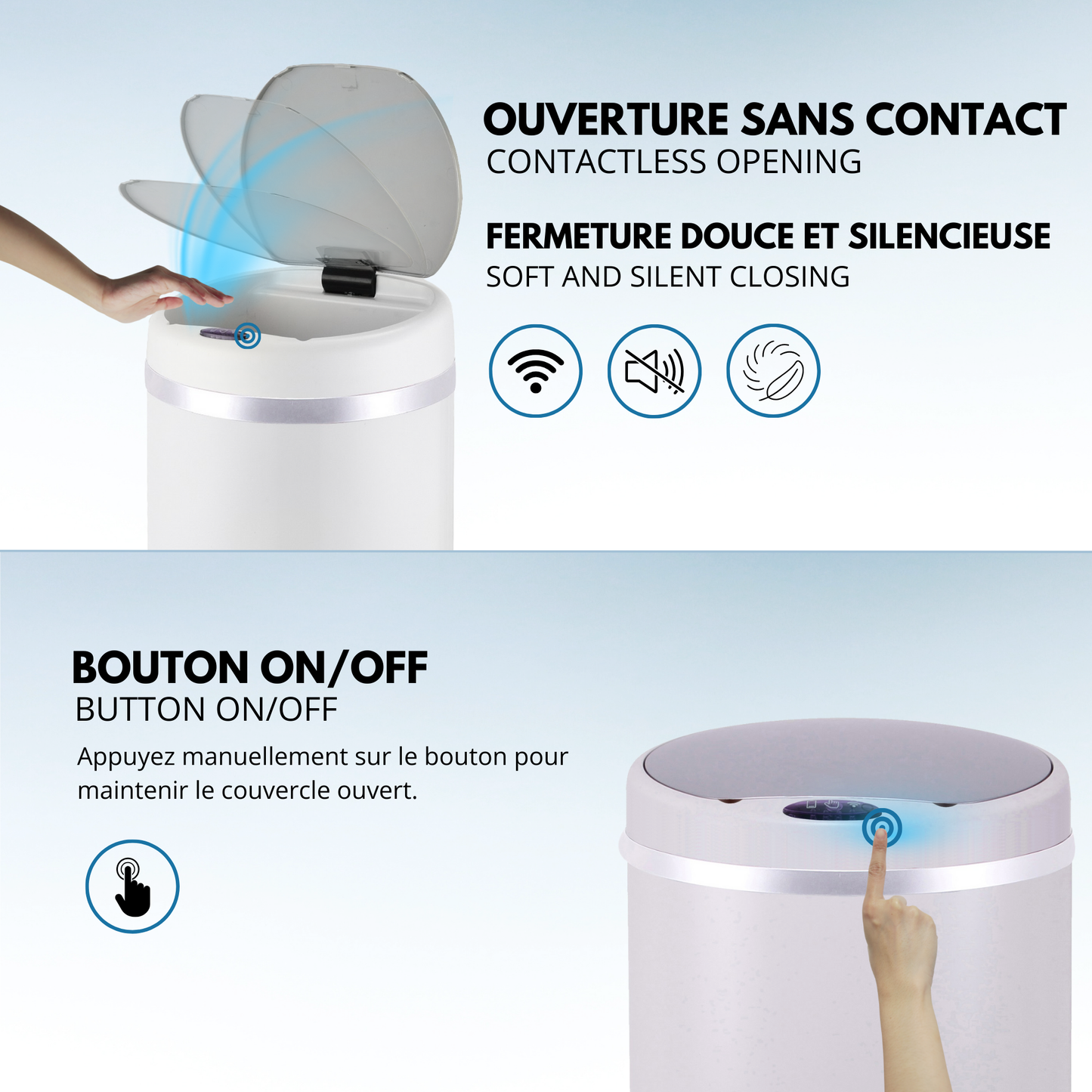 Poubelle de cuisine automatique 42L SOHO Blanc brillant en acier INOX avec cerclage