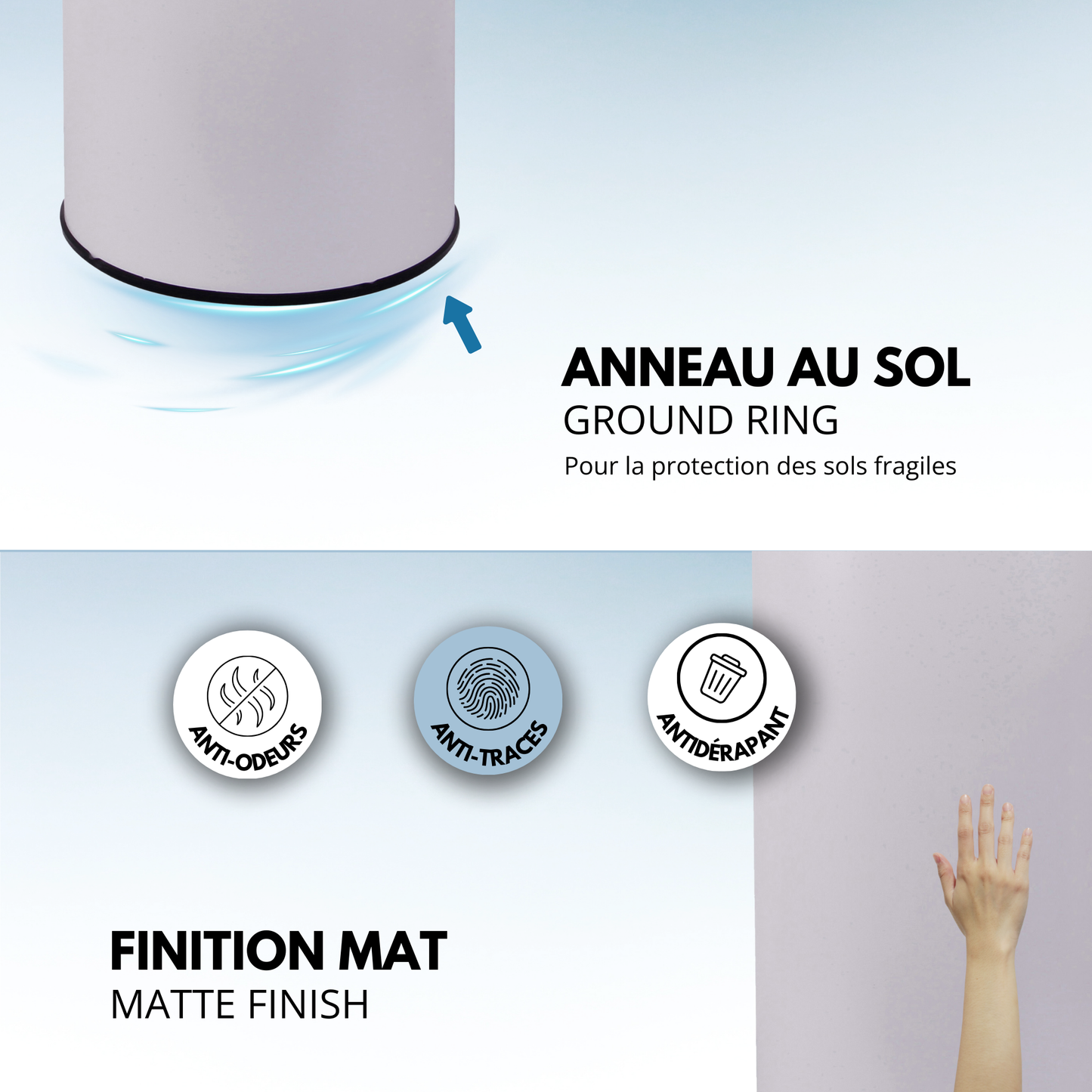 Poubelle de cuisine automatique 42L SOHO Blanc brillant en acier INOX avec cerclage