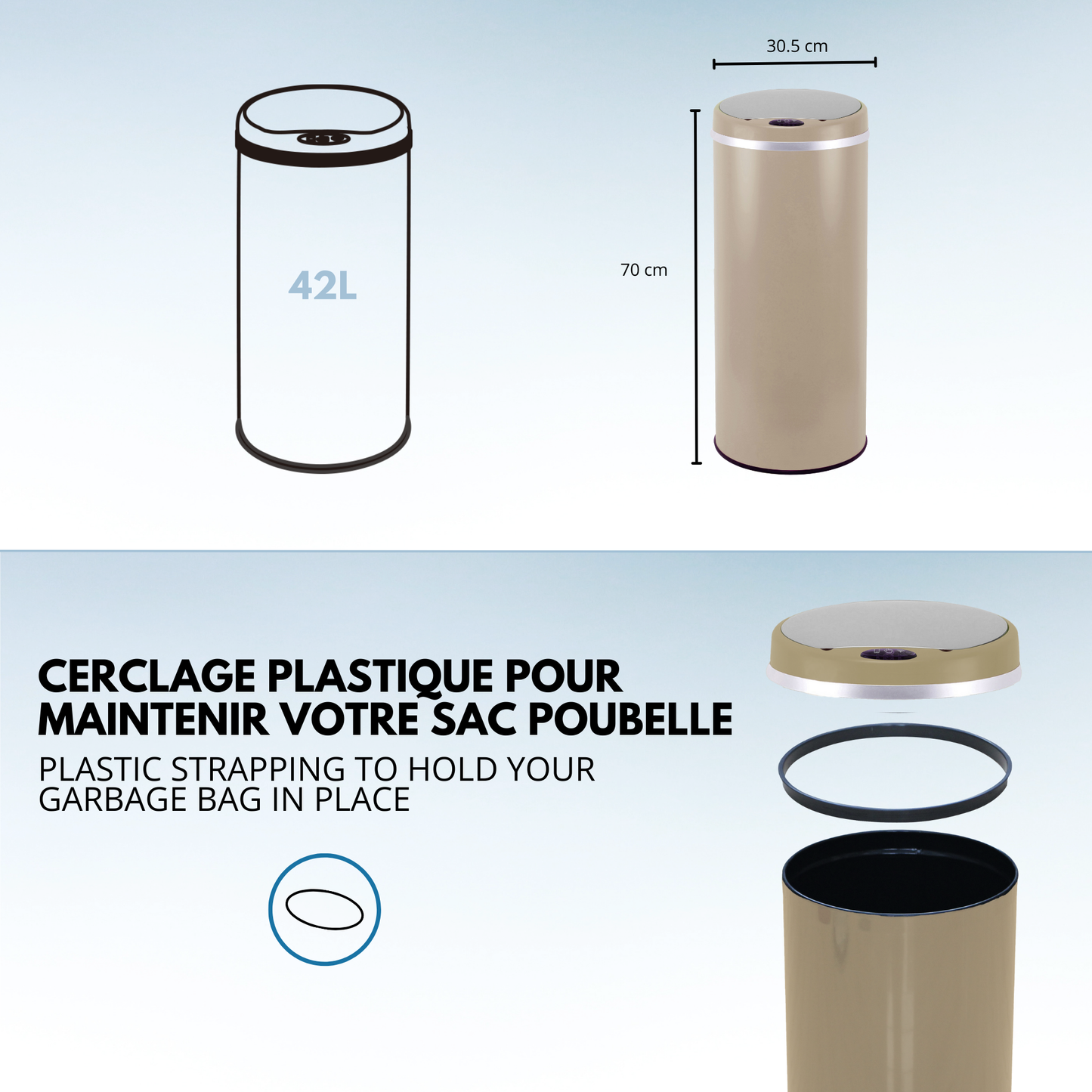 Poubelle de cuisine automatique 42L SOHO Taupe mat en acier INOX avec cerclage