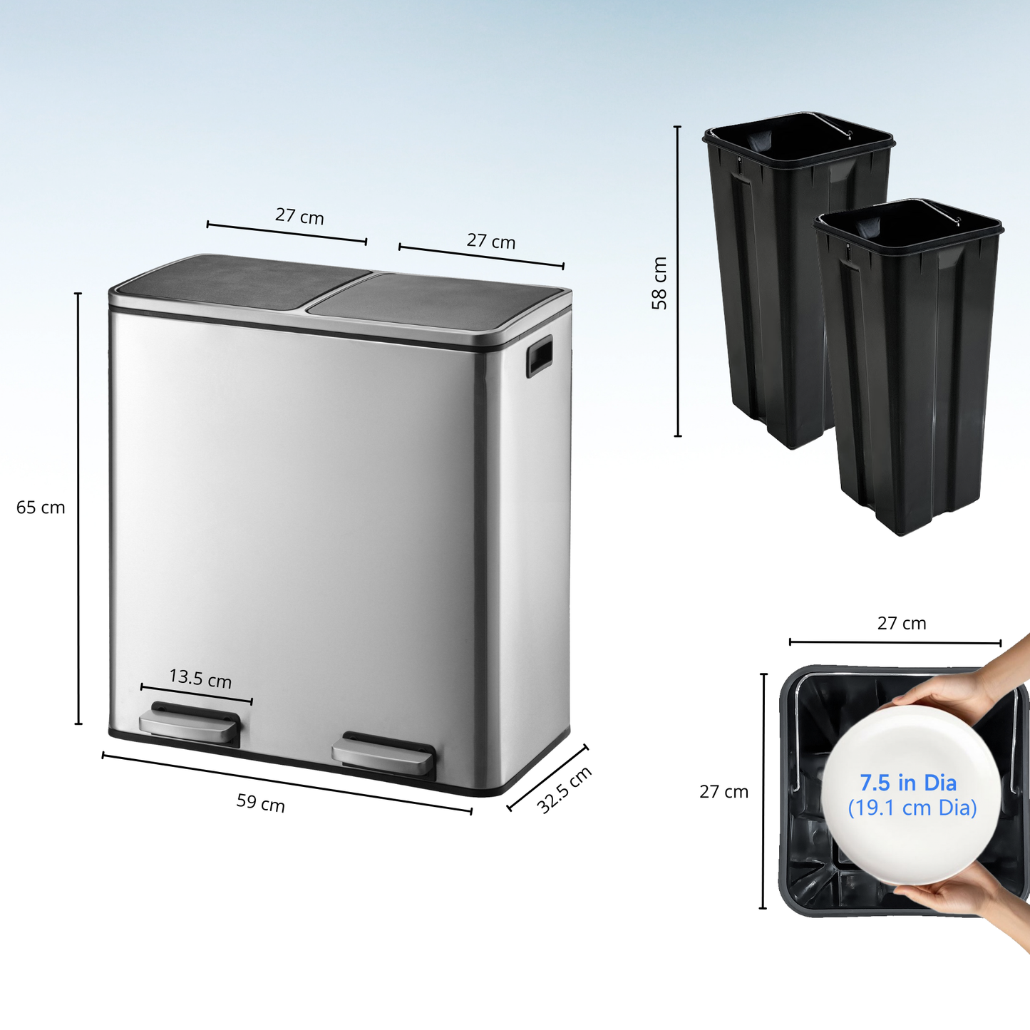 Poubelle de cuisine à pédale tri sélectif grande capacité 60L (2x30L) MAJOR en acier Inox