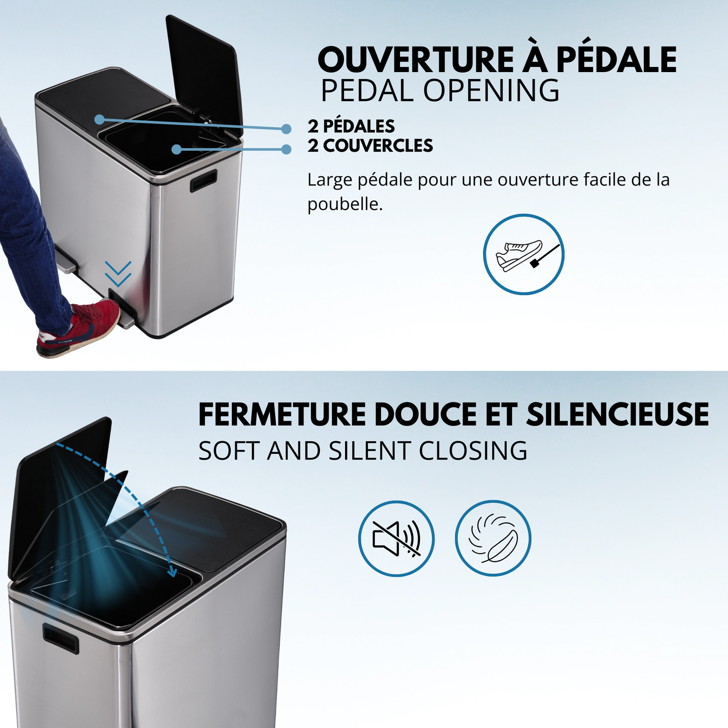 Poubelle de cuisine à pédale tri sélectif grande capacité 60L (2x30L) MAJOR en acier Inox