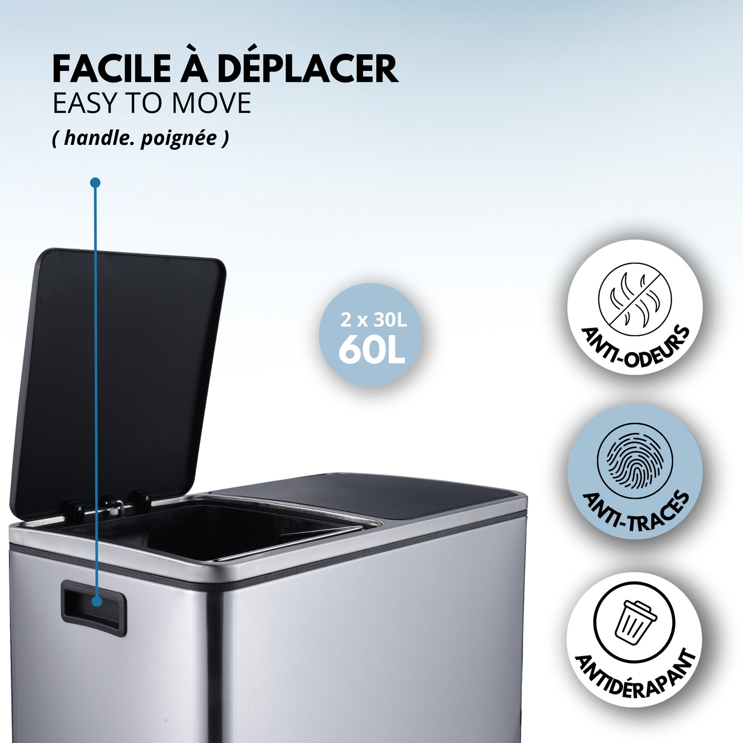 Poubelle de cuisine à pédale tri sélectif grande capacité 60L (2x30L) MAJOR en acier Inox