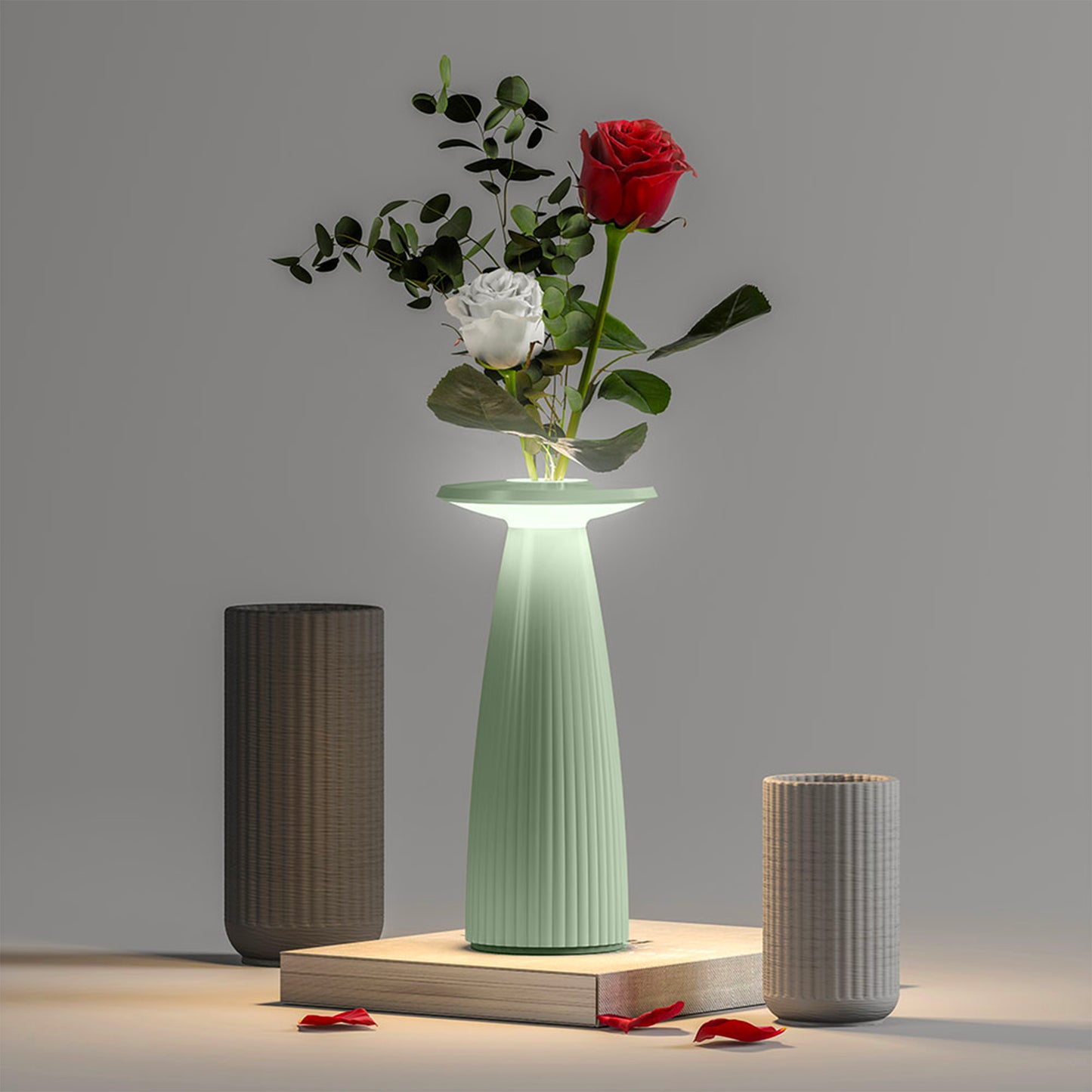 Lampe de table sans fil en forme de vase Vert Sauge LED blanc chaud dimmable FLORA MINI SAUGE H20cm
