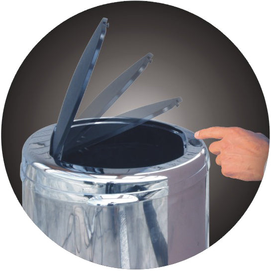 Couvercle pour poubelle push rond modèle TOKYO Chrome et noir Ouverture par simple pression