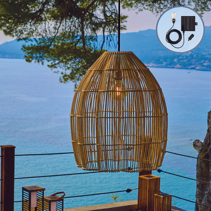 Suspension solaire AVILA SOLAR en rotin naturel avec câble hybride secteur et solaire 5m de longueur