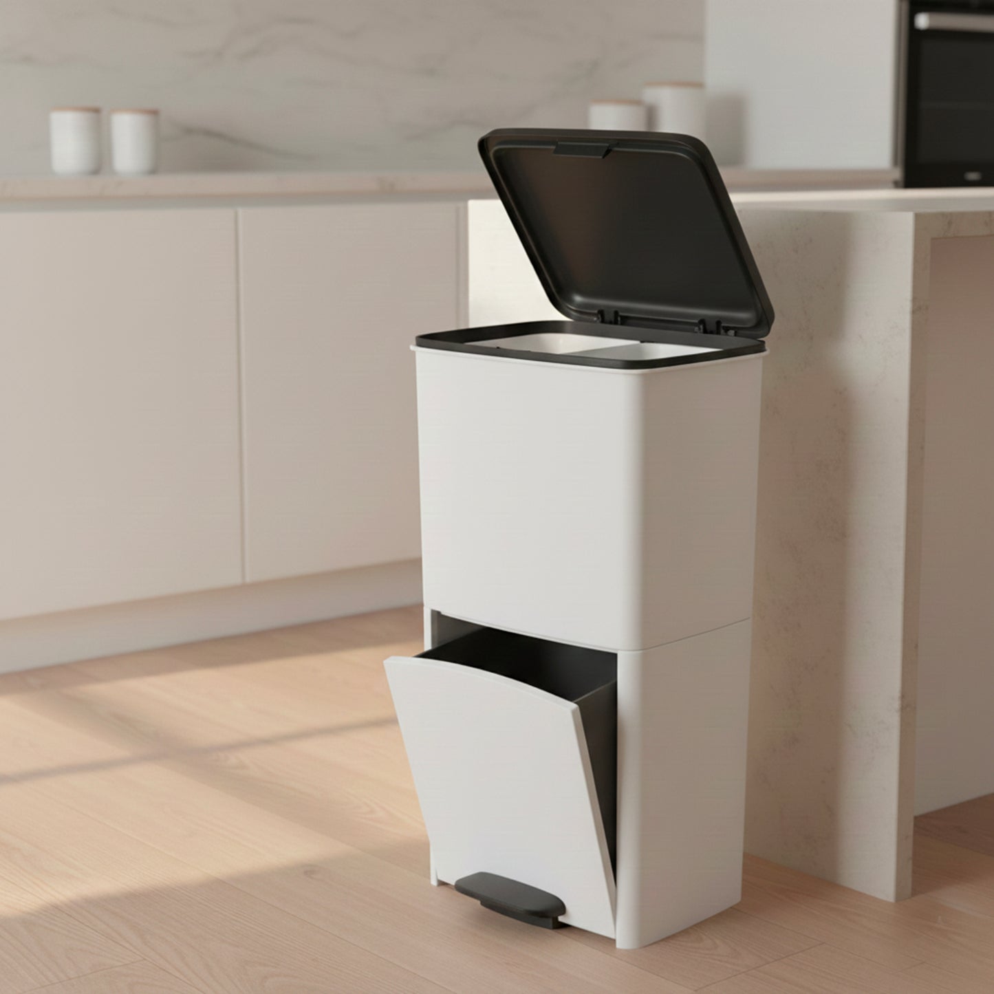 Poubelle de cuisine tri sélectif verticale 70 litres PICEA Blanc double compartiment