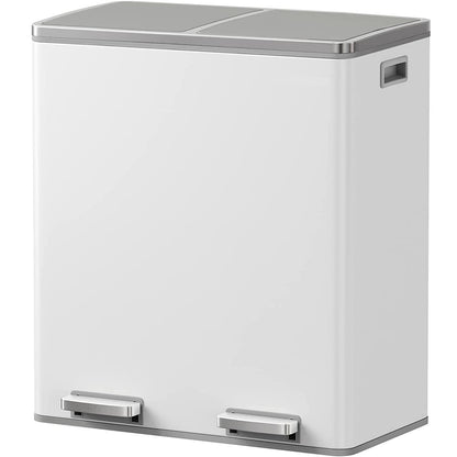 Poubelle de cuisine à pédale tri sélectif grande capacité 60L (2x30L) MAJOR en acier Inox Blanc