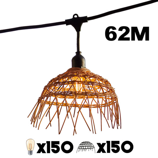 Guirlande lumineuse extérieure raccordable 62m avec 150 ampoules LED filament E27 blanc chaud HAWAII LIGHT Abat-jour polyrotin bohème