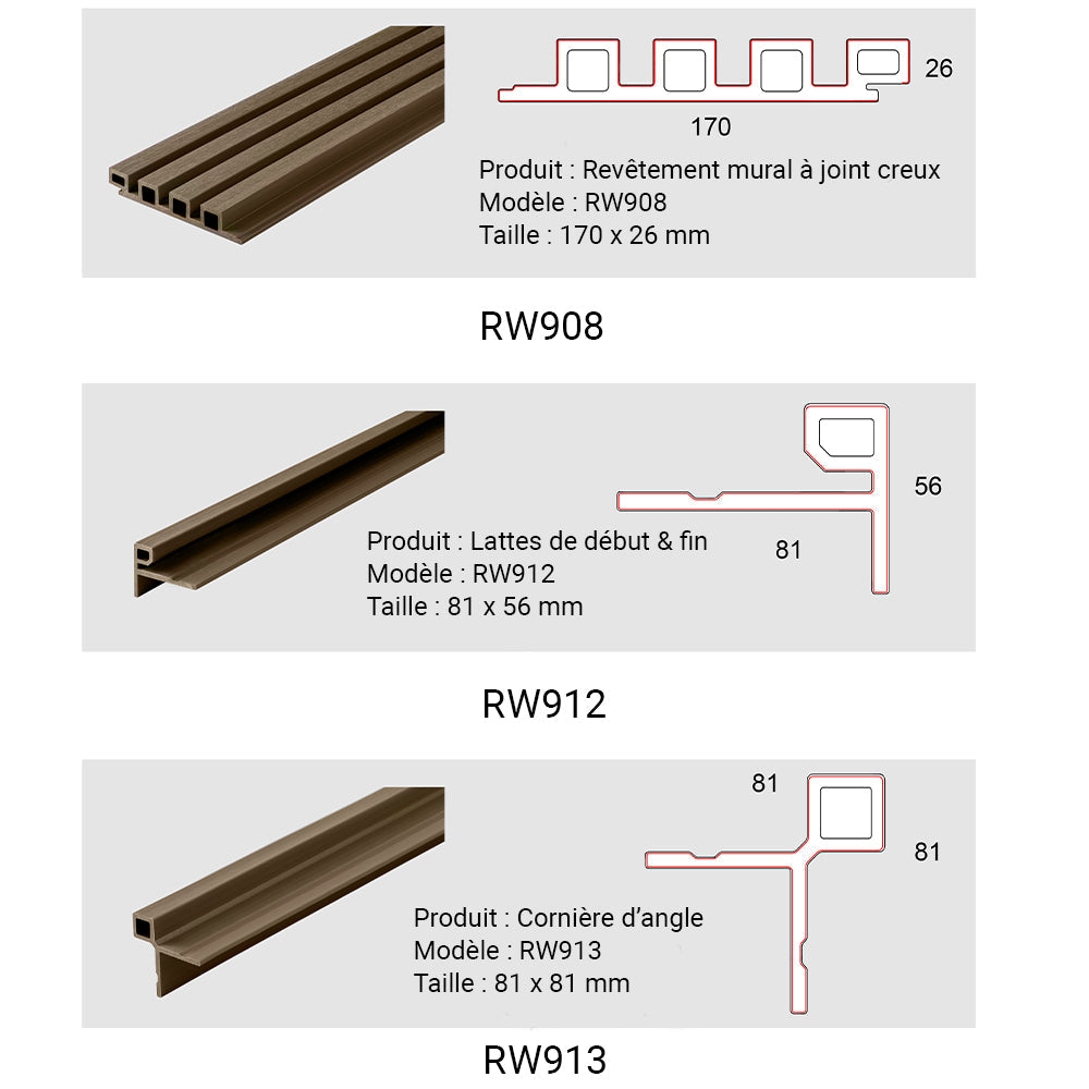 Lot de 8 lames de bardage bois composite 250x17x2.6cm couleur bois - 3,4 m2