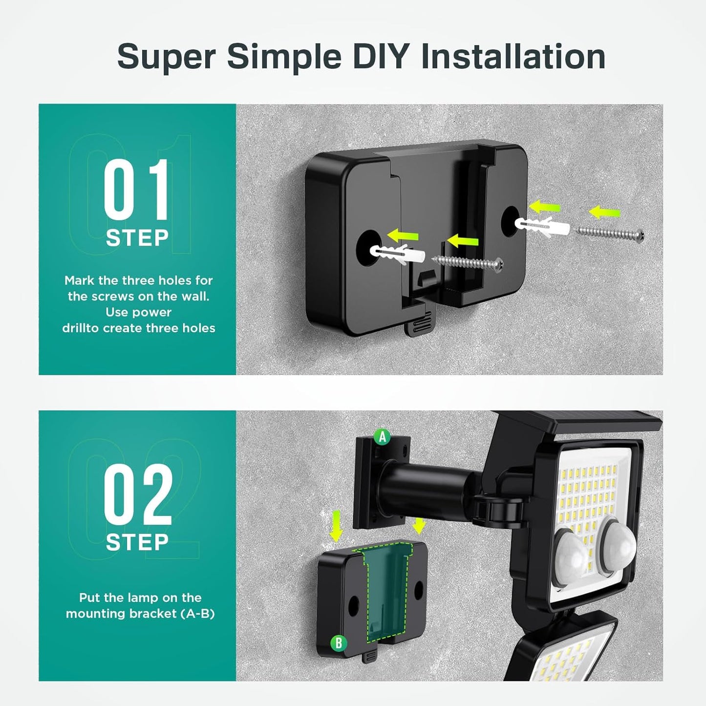 Lot de 2 Spots Solaires à 4 Têtes Noires - Éclairage LED Blanc Puissant FAIRVIEW avec Détecteur de Mouvement Orientable