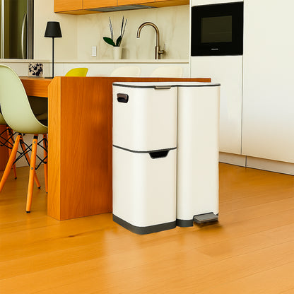 Poubelle de cuisine à pédale tri sélectif recyclage 60L(13+17+30L) HAJA en acier Inox Blanc avec seau
