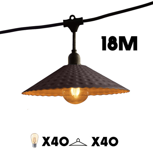 Guirlande lumineuse extérieure raccordable 18m avec 40 ampoules LED filament E27 blanc chaud VINTY LIGHT et abat-jour en métal style vintage