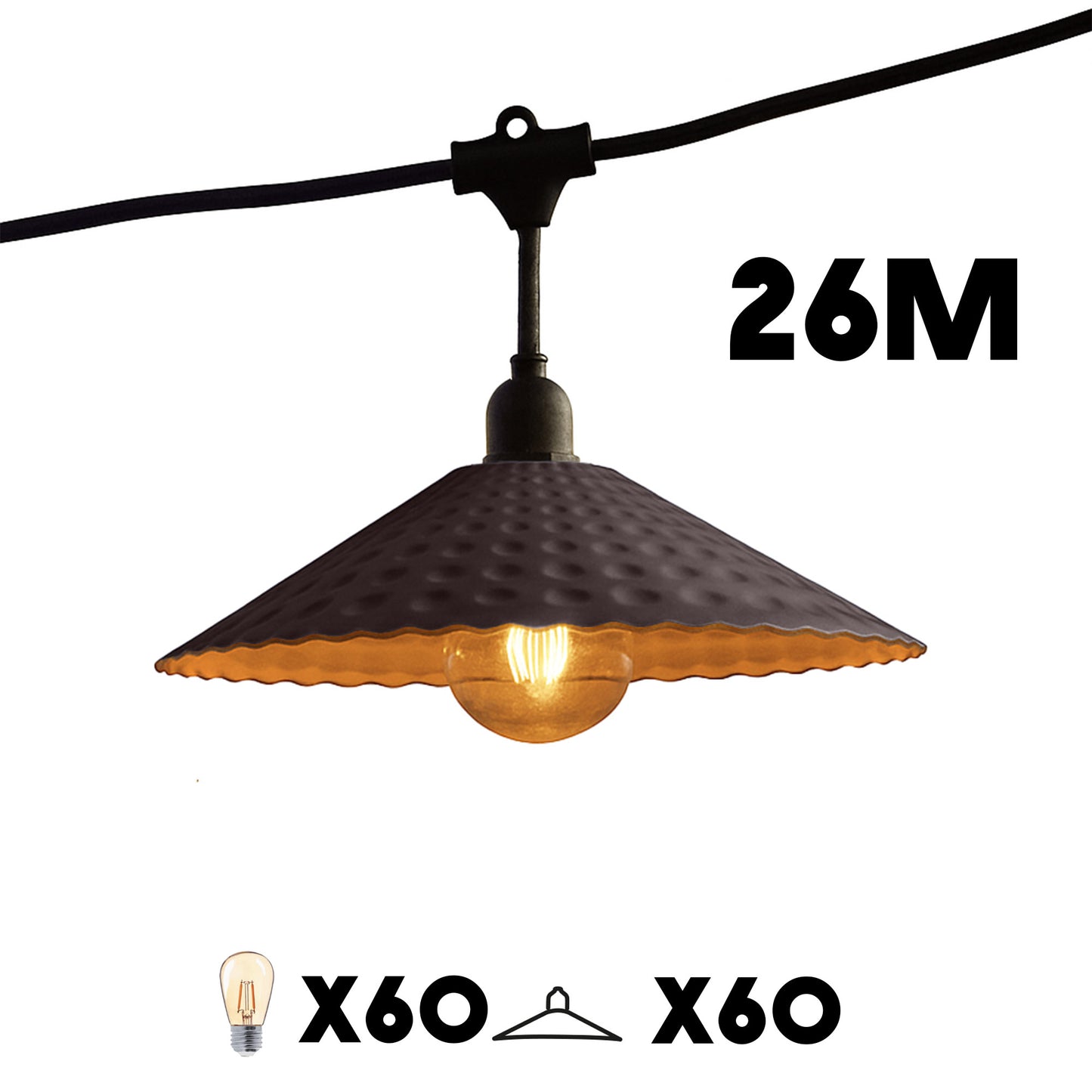Guirlande lumineuse extérieure raccordable 26m avec 60 ampoules LED filament E27 blanc chaud VINTY LIGHT et abat-jour en métal style vintage