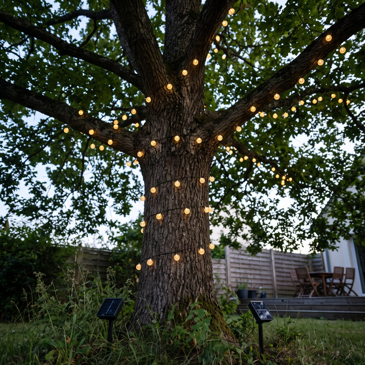 Lot de 2 guirlandes lumineuses solaires 120 boules LED blanc chaud 8 modes détecteur crépusculaire 2x FESTY WHITE 120 14m
