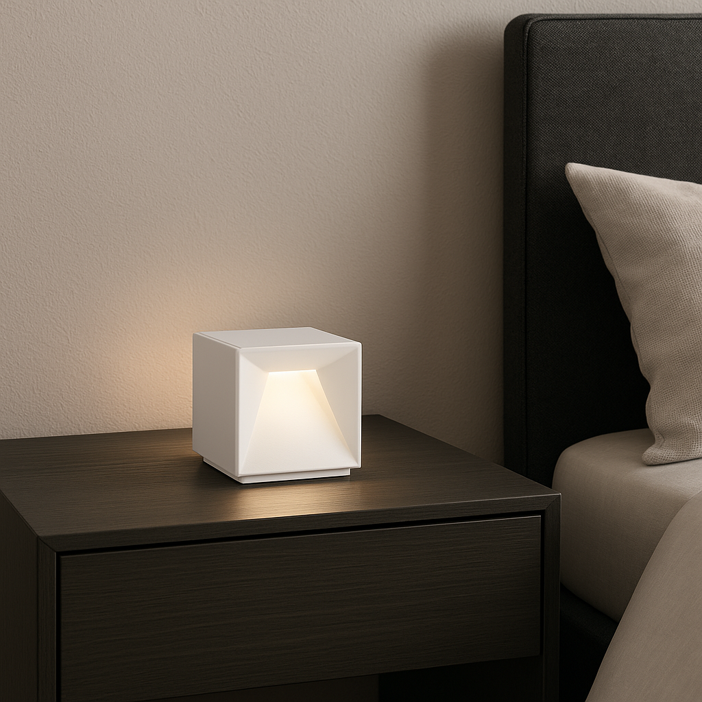 Lampe de table cubique en aluminium blanc LED blanc chaud dimmable CUBOX WHITE H10 cm