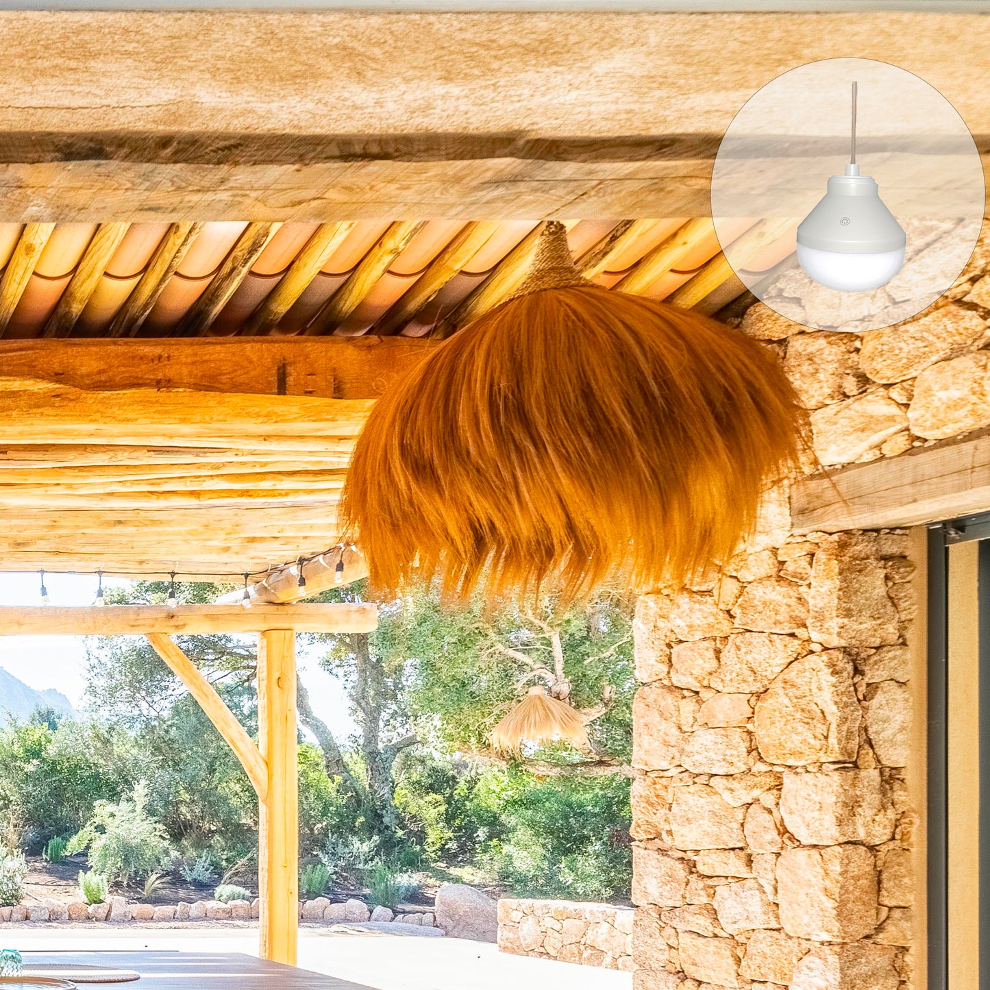 Suspension  XXL BIG MASAI NOMAD en herbe de rayung style bohème avec ampoule LED blanc/RGB nomade