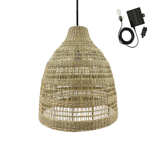 Suspension solaire bohème en herbe marine naturelle style vannerie tressée LED blanc chaud FREYA LONG SOLAR 5m de longueur