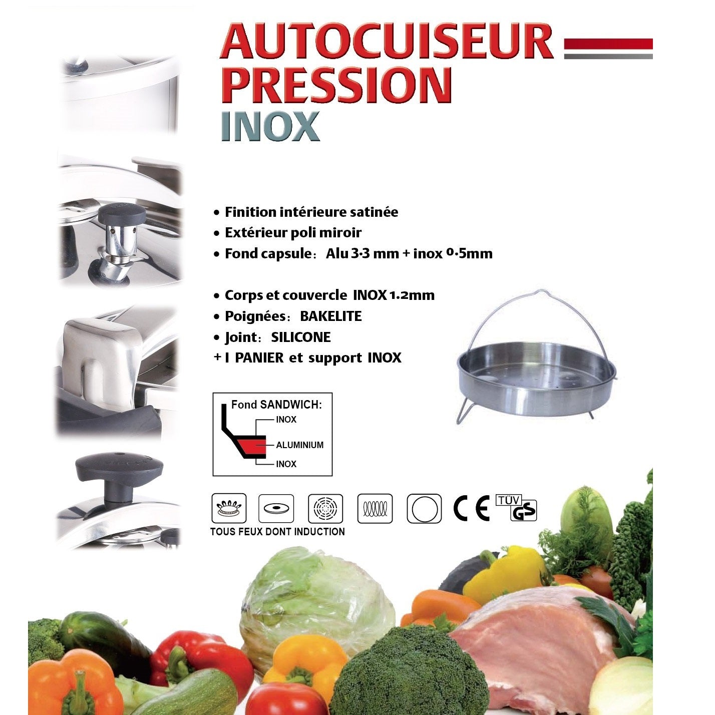 Autocuiseur cocotte minute à étrier Ø24cm 10L CLASSIQUE en acier Inox avec panier cuisson - REDDECO.com