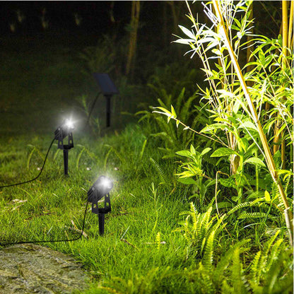 Doubles spots solaires reliés avec panneau solaire déporté 2 en 1 à piquer ou à fixer éclairage puissant LED blanc froid 2x ROUNDY H27 cm