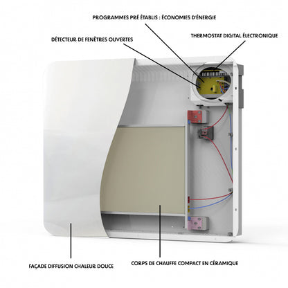 Radiateur électrique à inertie sèche bloc CERAMIQUE + facade VERRE écran LCD 1500W GLASS Norme NF